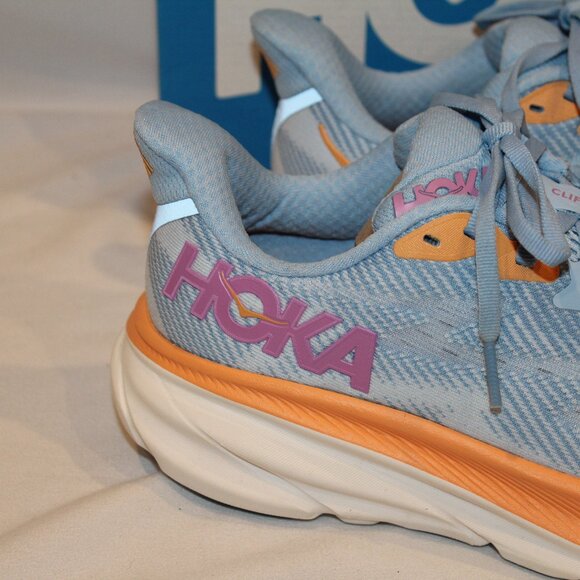 NIB HOKA WOMEN'S CLIFTON 9 AIRY BLUE/ICE WATER BLUE PINK ORANGE RUNNING SNEAKERS - Picture 3 of 7
